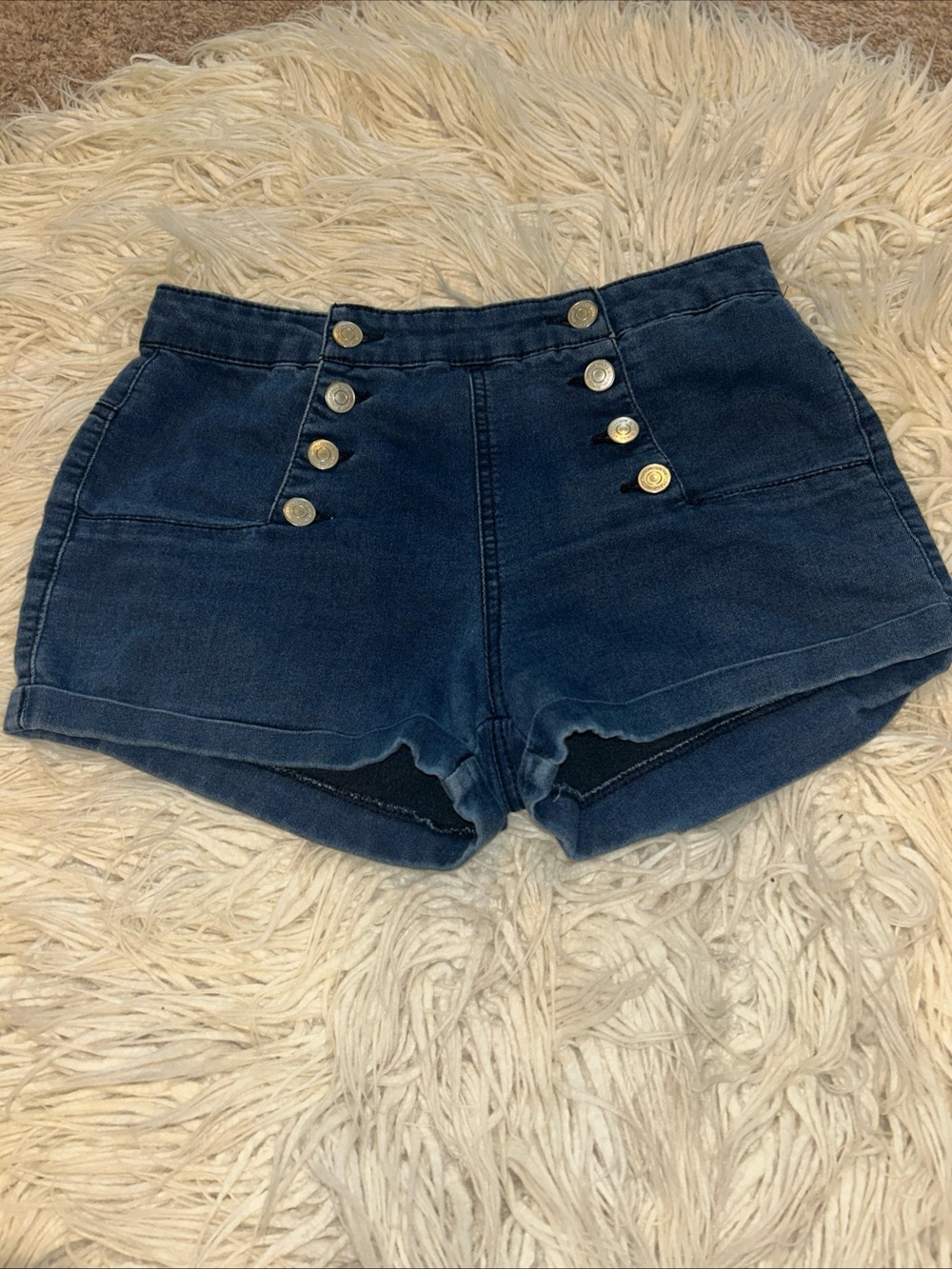 Almost Famous Dark Blue High-Waist Button Sailor Jean Shorts